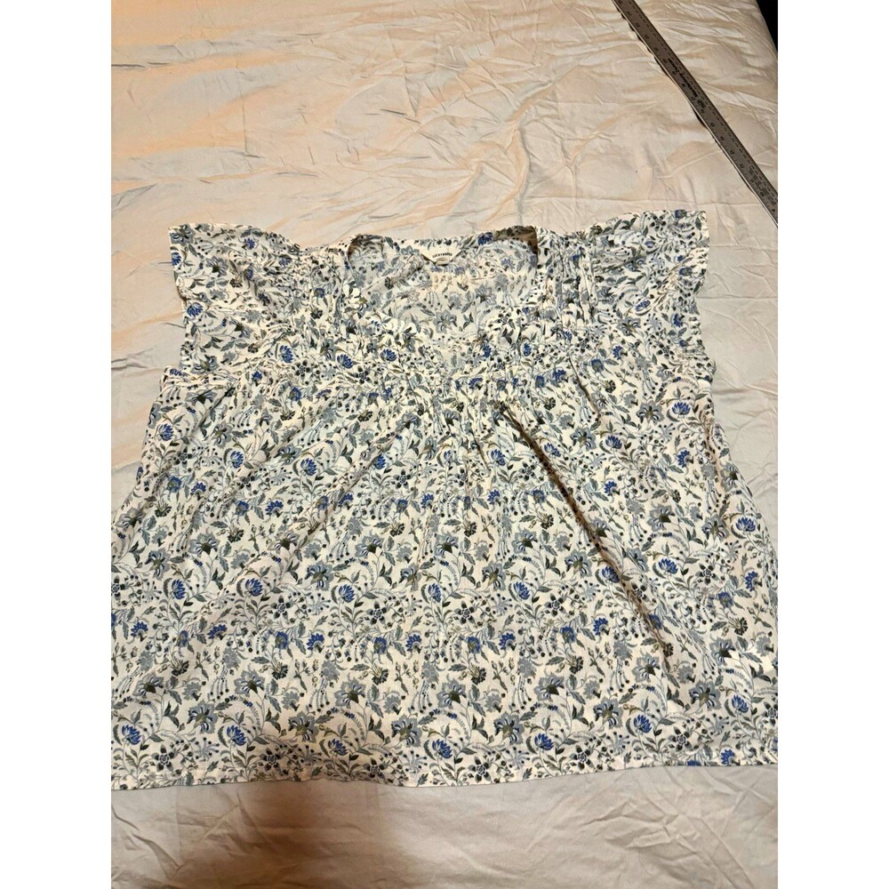 Lucky Brand Womens XL Blue Floral Cotton Blouse Flutter Sleeve Boho Tie Neck